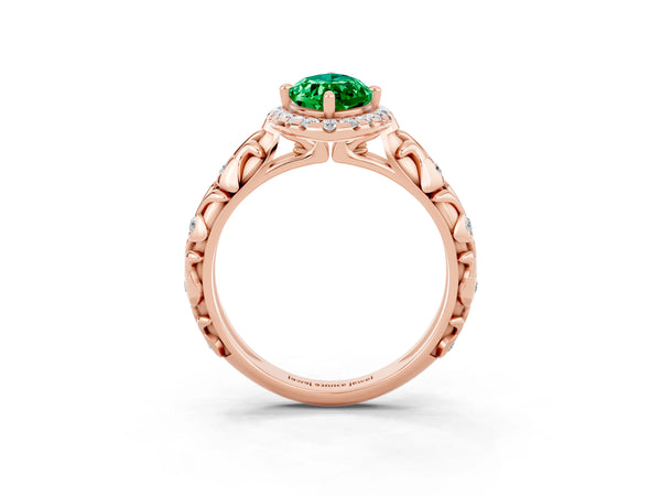 Rose gold Marquise Cut Emerald Halo Ring with Filigree Band and Prong Setting