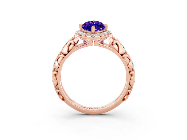 Rose gold Marquise Cut Tanzanite Halo Ring with Filigree Band and Prong Setting