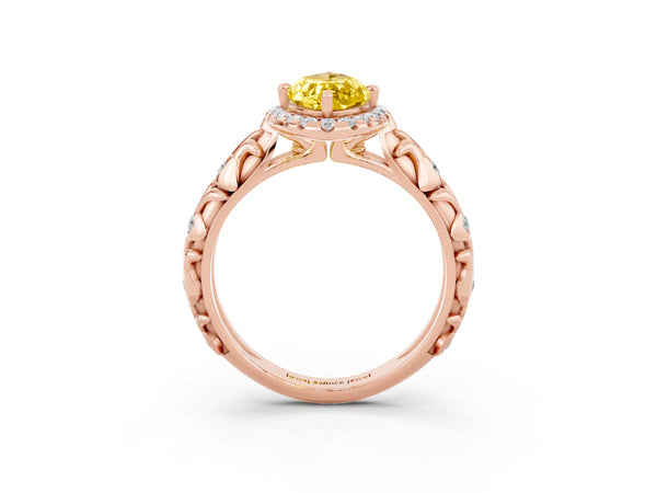 Rose gold Marquise Cut Yellow Sapphire Halo Ring with Filigree Band and Prong Setting