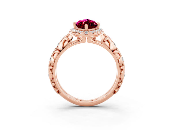 Rose gold Marquise Cut Garnet Halo Ring with Filigree Band and Prong Setting
