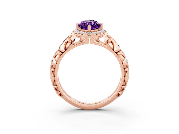 Rose gold Marquise Cut Amethyst Halo Ring with Filigree Band and Prong Setting