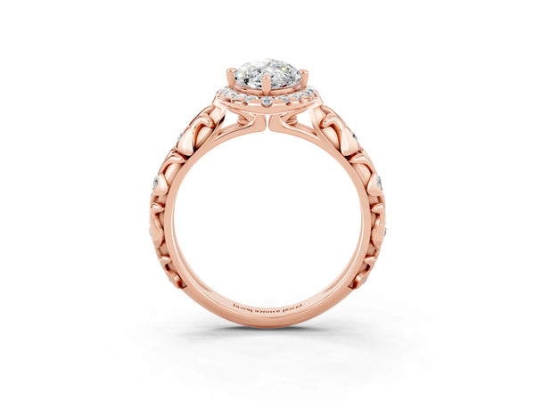 Rose gold Marquise Cut Moissanite Halo Ring with Filigree Band and Prong Setting