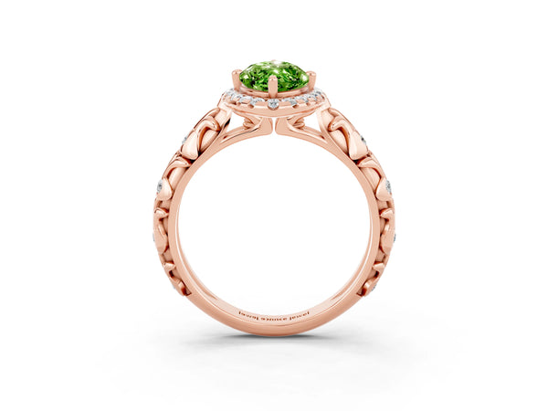 Rose gold Marquise Cut Peridot Halo Ring with Filigree Band and Prong Setting