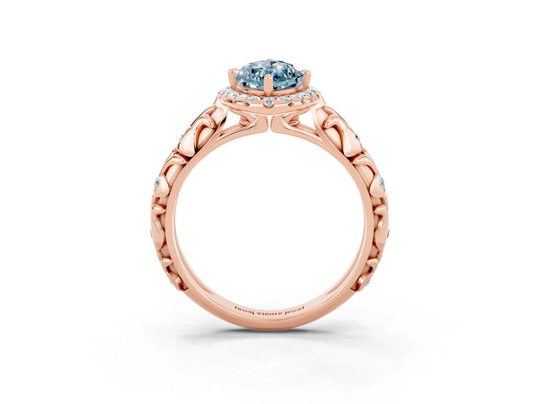 Rose gold Marquise Cut Aquamarine Halo Ring with Filigree Band and Prong Setting
