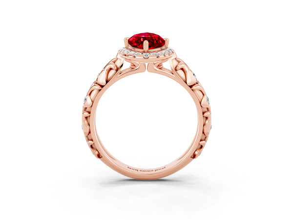 Rose gold Marquise Cut Ruby Halo Ring with Filigree Band and Prong Setting