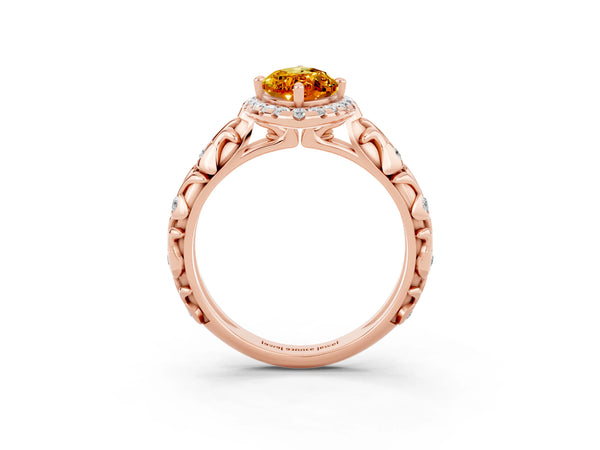 Rose gold Marquise Cut Citrine Halo Ring with Filigree Band and Prong Setting