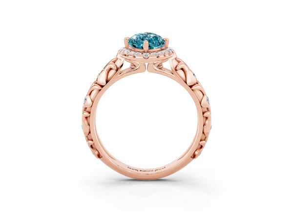 Rose gold Marquise Cut Halo Diamond Solitaire with Filigree Band and Four-Prong Setting
