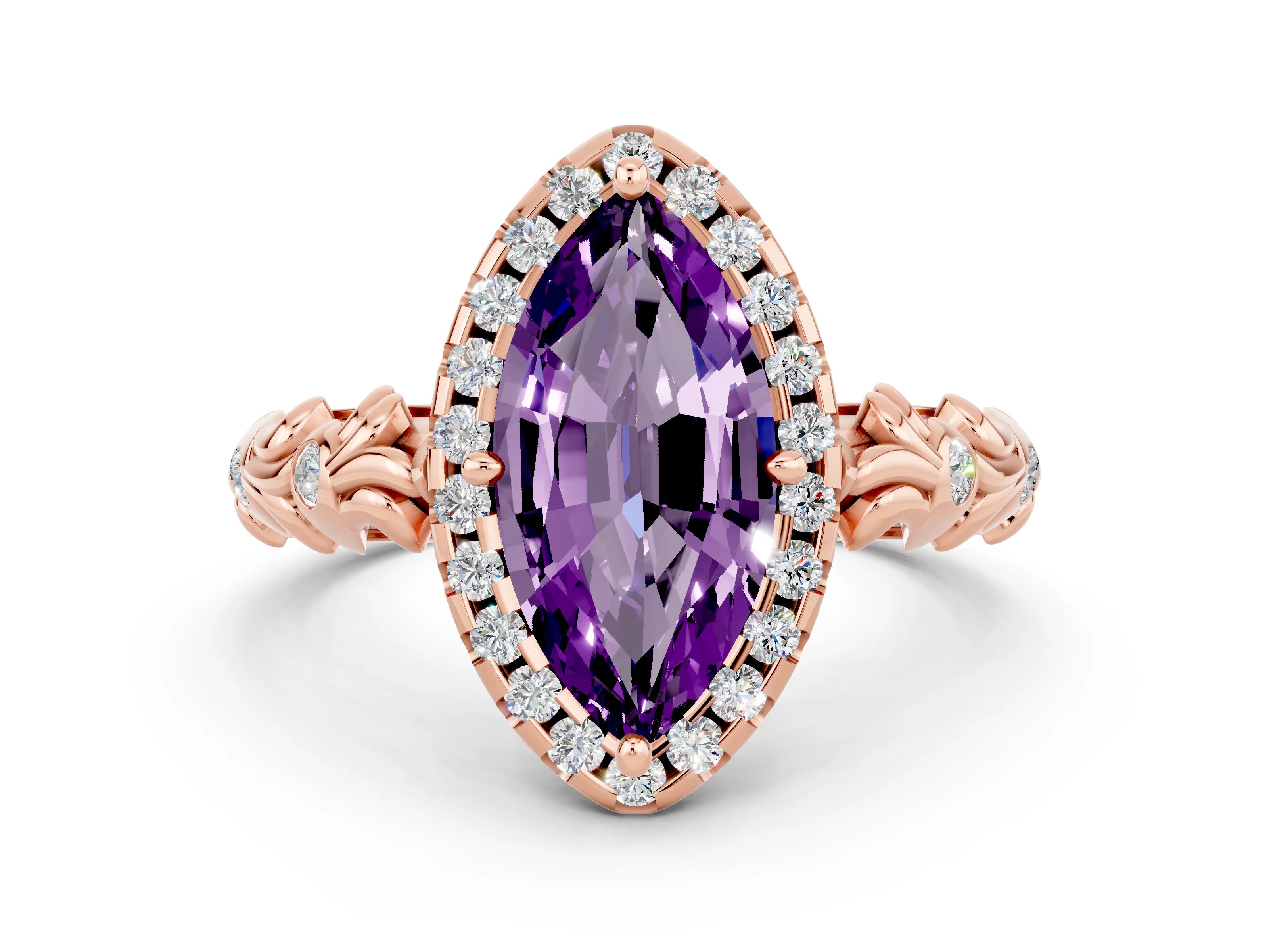 Rose gold Marquise Cut Halo Diamond Solitaire with Filigree Band and Four-Prong Setting