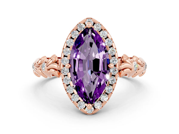 Rose gold Marquise Cut Amethyst Halo Ring with Filigree Band and Prong Setting