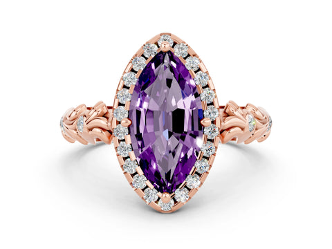 Rose gold Marquise Cut Halo Diamond Solitaire with Filigree Band and Four-Prong Setting
