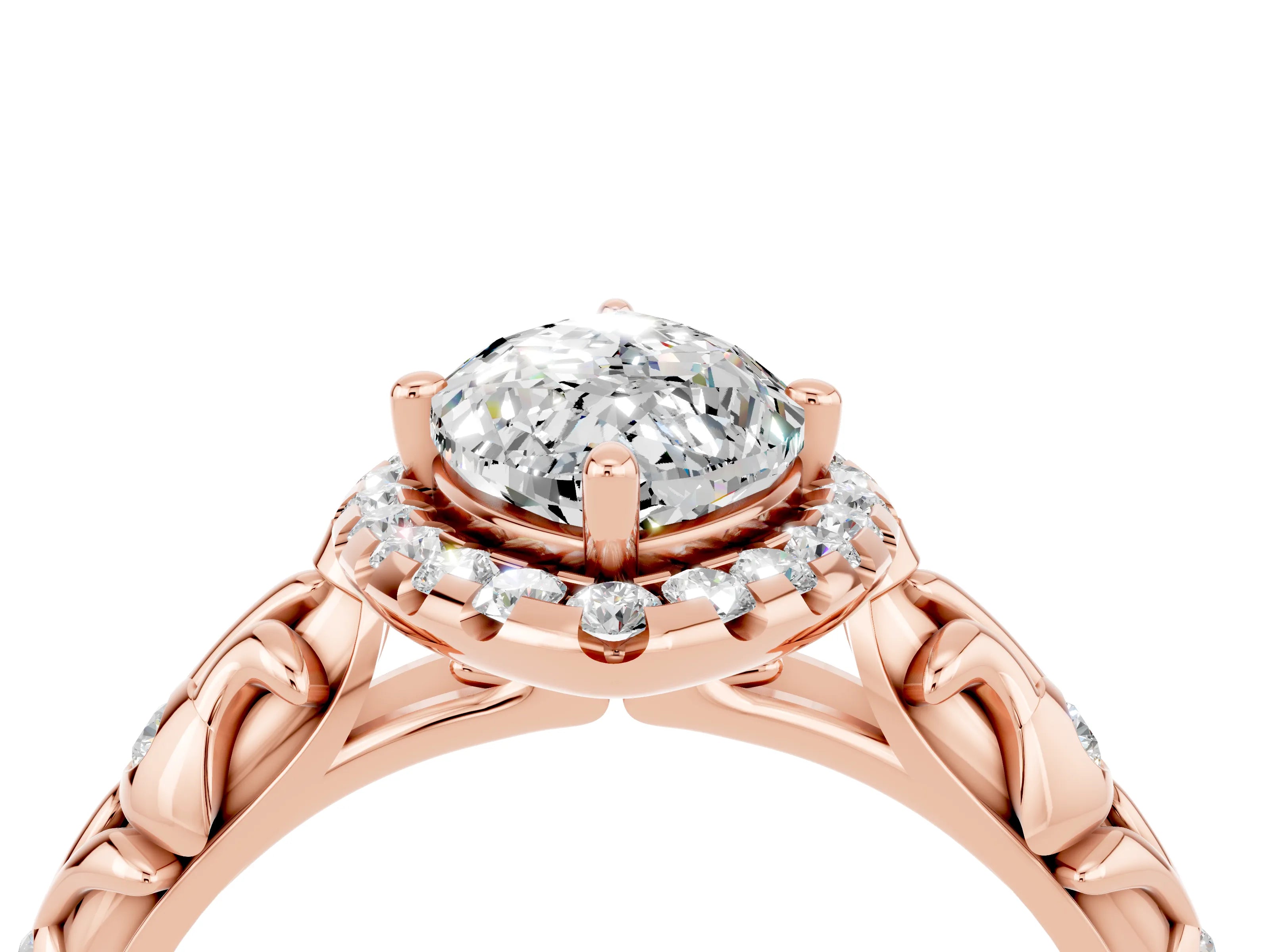 Rose gold Marquise Cut Halo Diamond Solitaire with Filigree Band and Four-Prong Setting_4