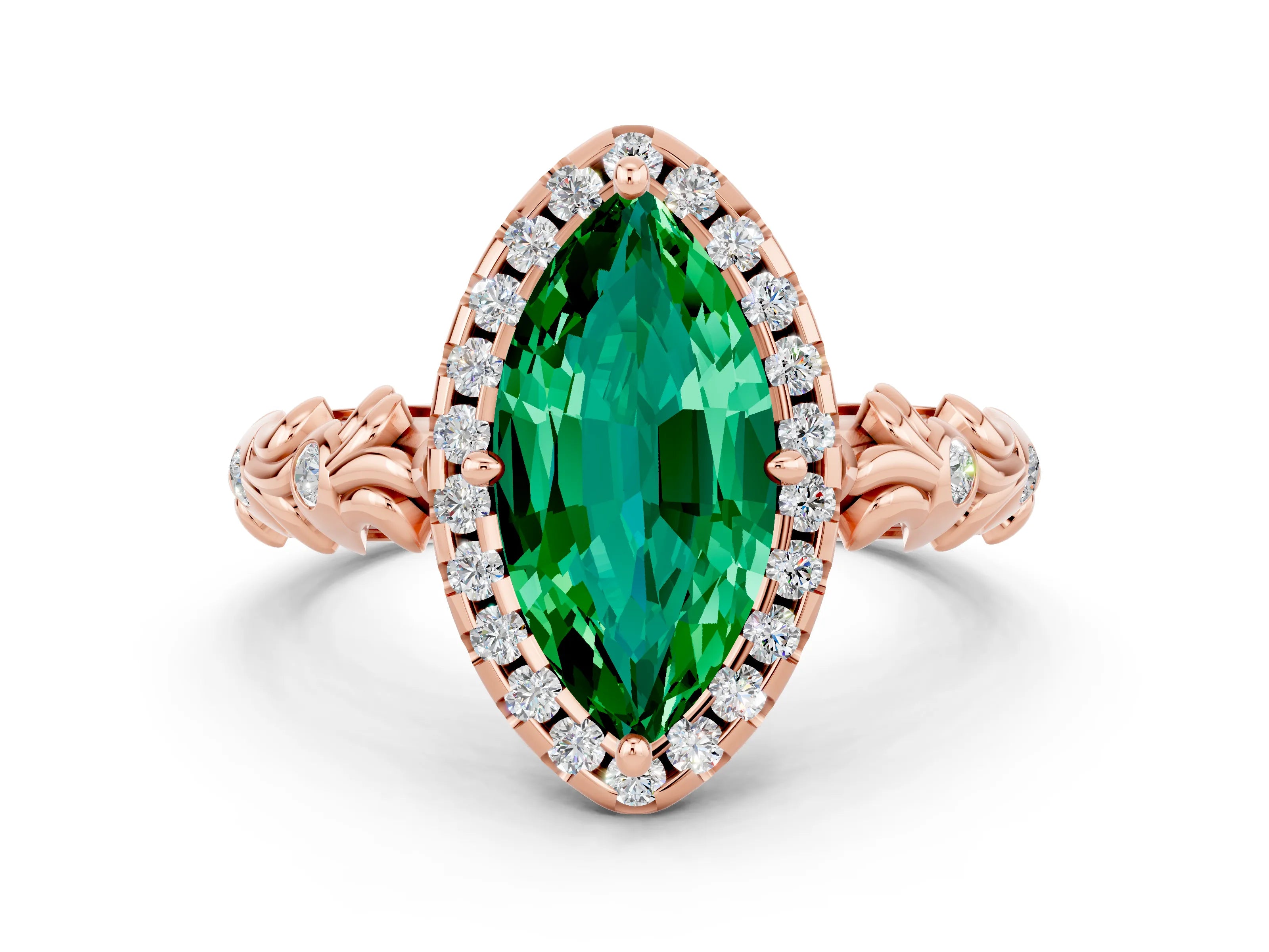 Rose gold Marquise Cut Halo Diamond Solitaire with Filigree Band and Four-Prong Setting