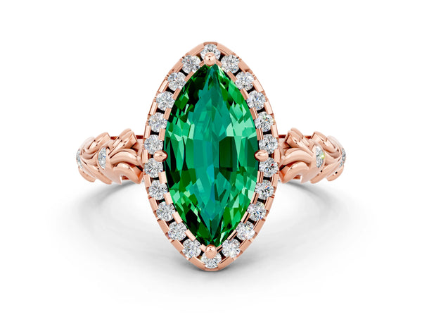 Rose gold Marquise Cut Emerald Halo Ring with Filigree Band and Prong Setting