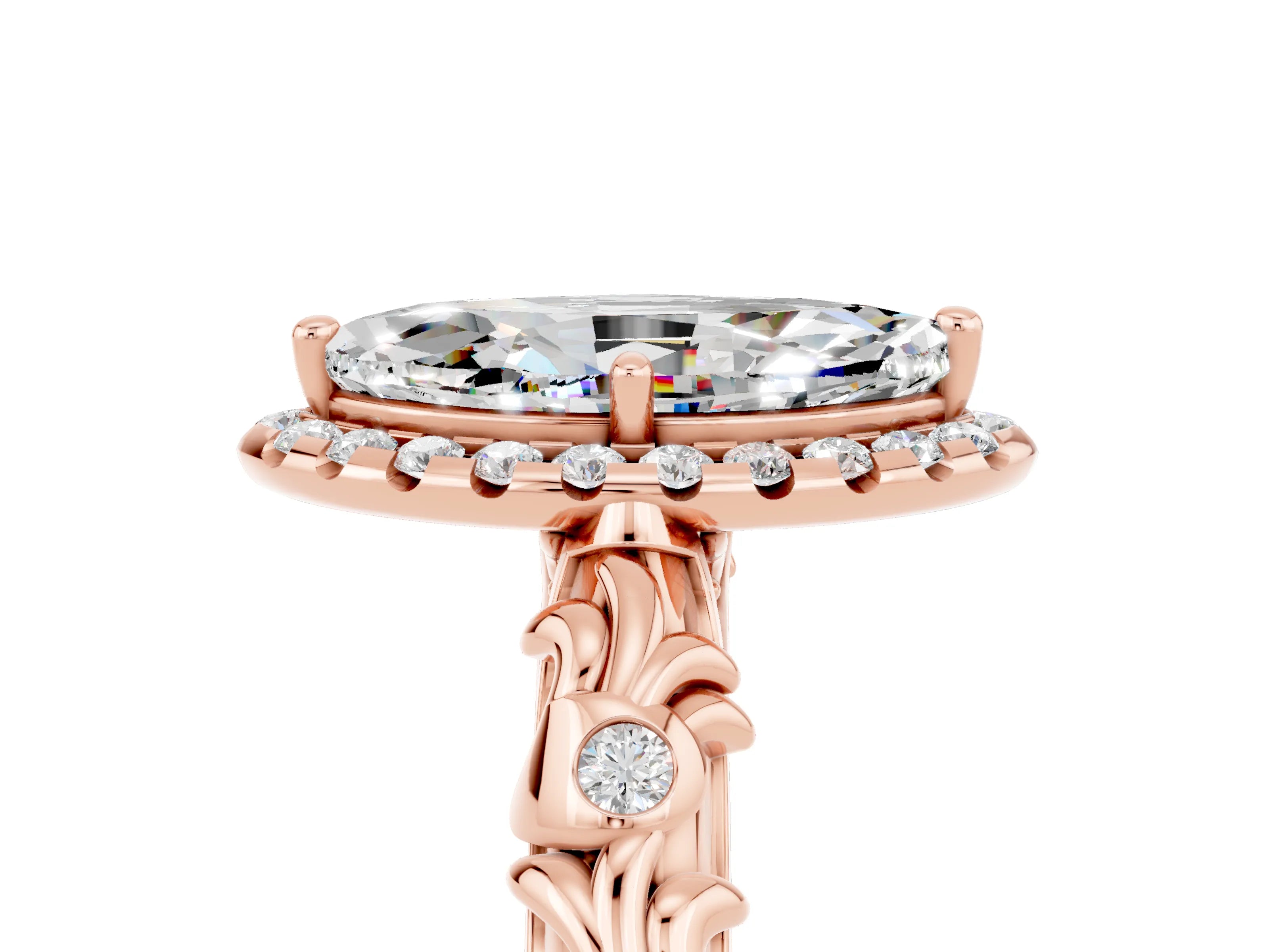 Rose gold Marquise Cut Halo Diamond Solitaire with Filigree Band and Four-Prong Setting_5