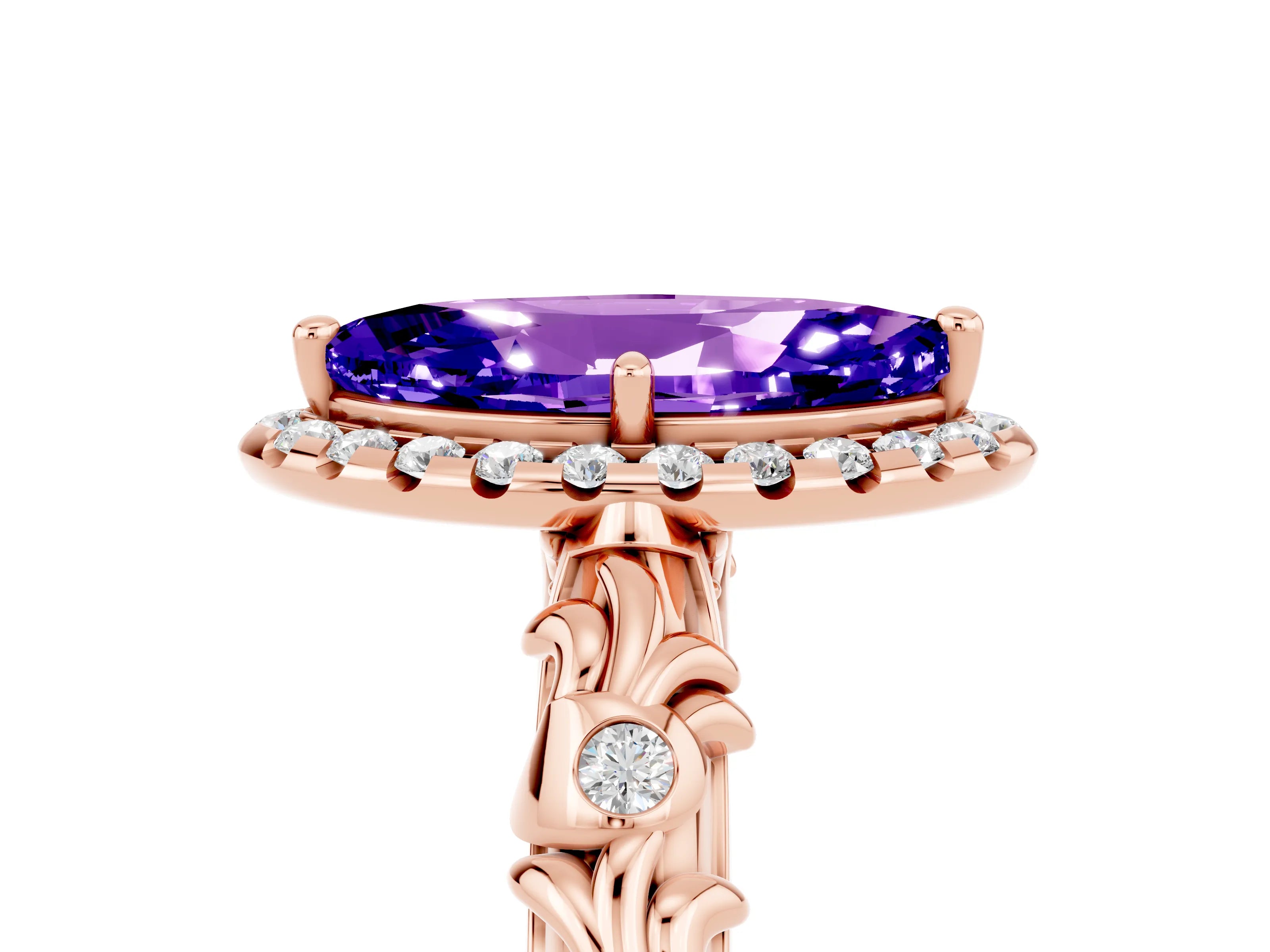 Rose gold Marquise Cut Halo Diamond Solitaire with Filigree Band and Four-Prong Setting_5