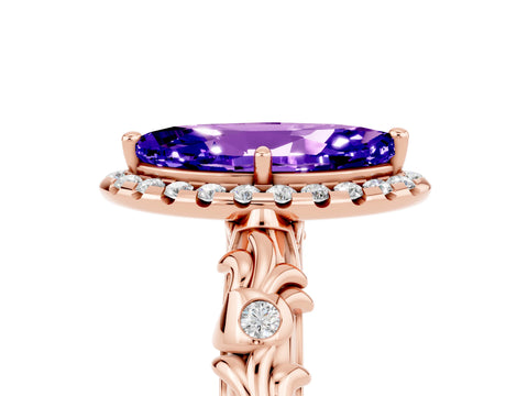 Rose gold Marquise Cut Halo Diamond Solitaire with Filigree Band and Four-Prong Setting_5