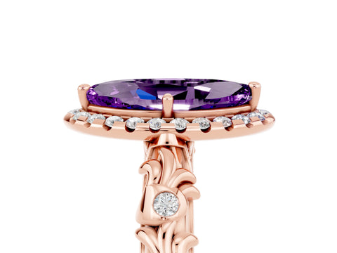 Rose gold Marquise Cut Halo Diamond Solitaire with Filigree Band and Four-Prong Setting_5