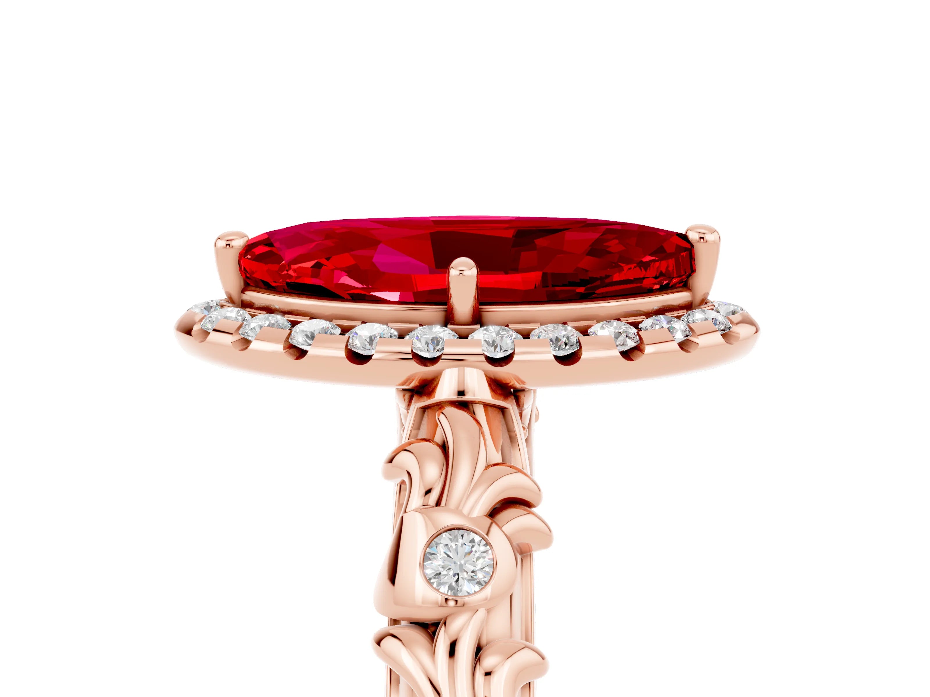 Rose gold Marquise Cut Halo Diamond Solitaire with Filigree Band and Four-Prong Setting_5