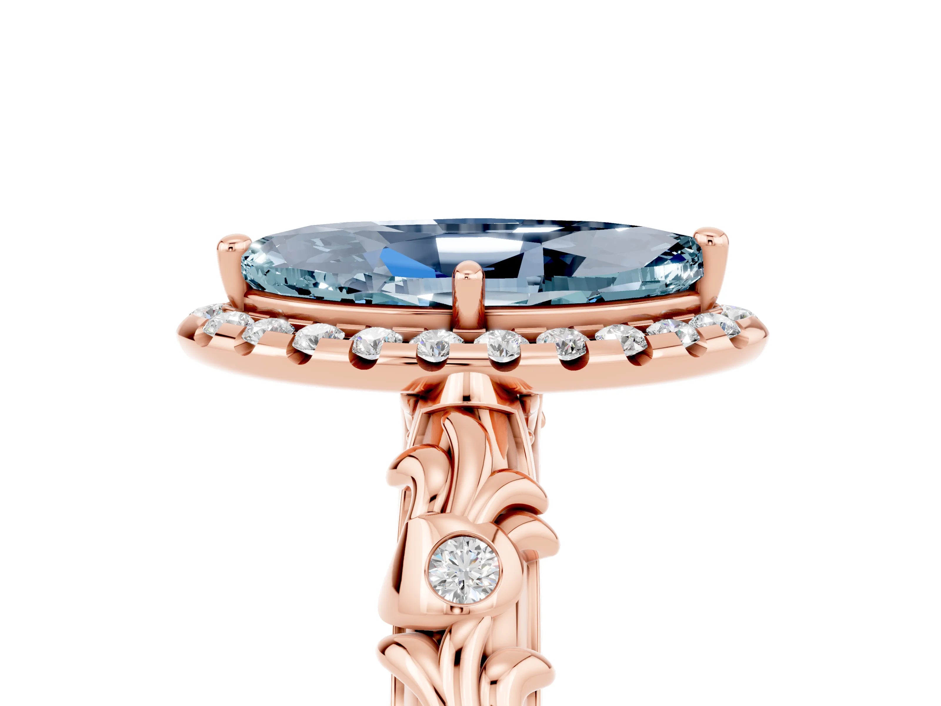 Rose gold Marquise Cut Halo Diamond Solitaire with Filigree Band and Four-Prong Setting_5