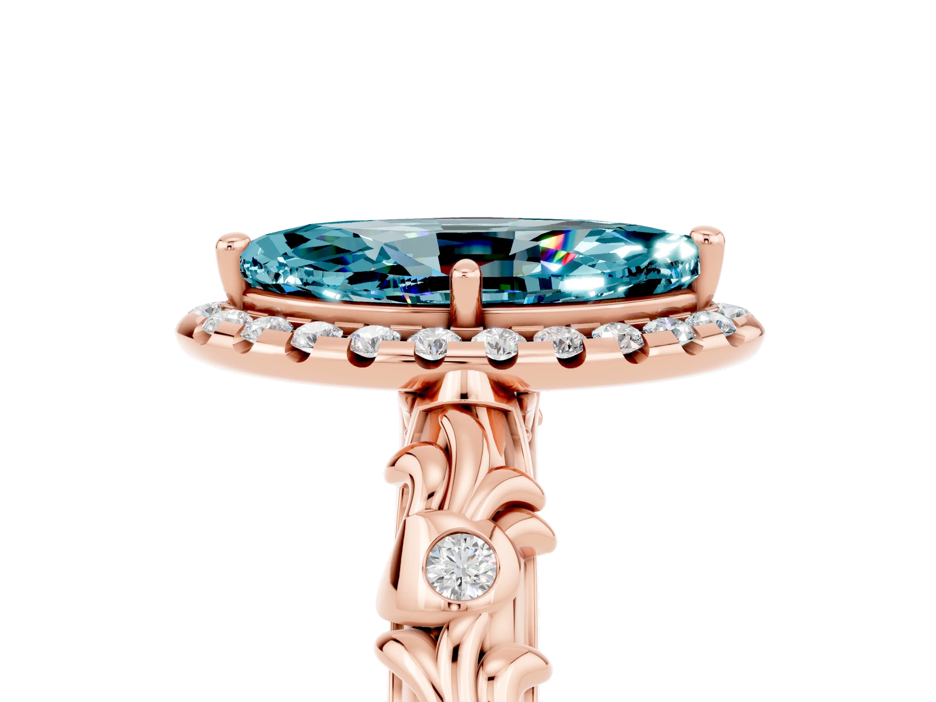 Rose gold Marquise Cut Halo Diamond Solitaire with Filigree Band and Four-Prong Setting_5