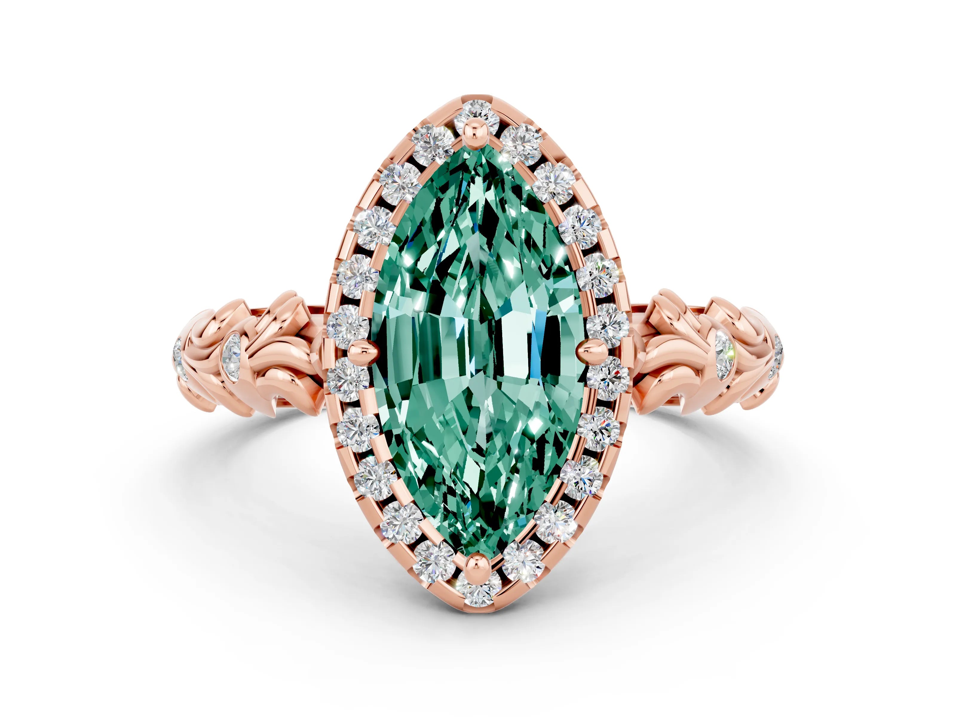 Rose gold Marquise Cut Halo Diamond Solitaire with Filigree Band and Four-Prong Setting