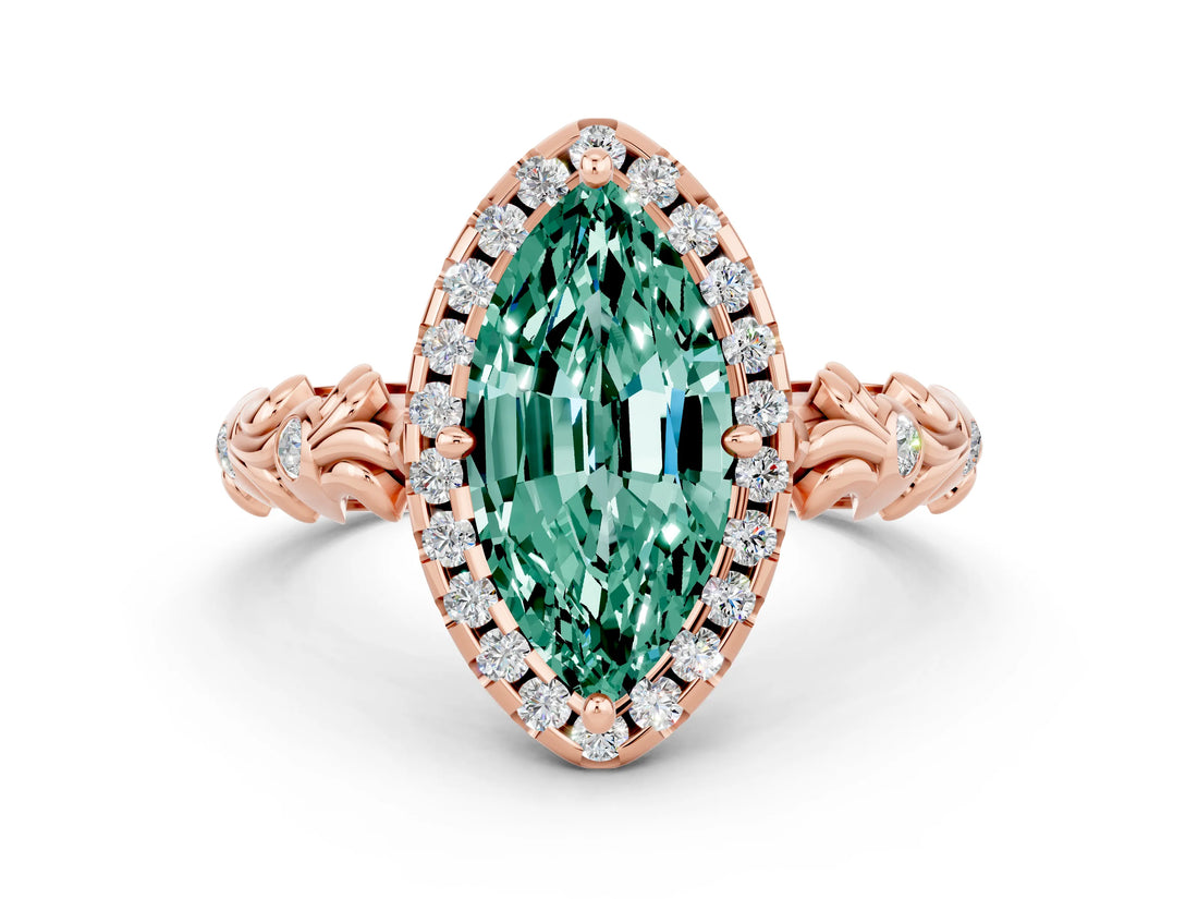 Rose gold Marquise Cut Halo Diamond Solitaire with Filigree Band and Four-Prong Setting