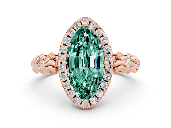 Rose gold Marquise Cut Green Sapphire Halo Ring with Filigree Band and Prong Setting