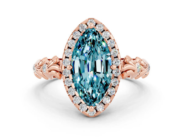 Rose gold Marquise Cut Halo Diamond Solitaire with Filigree Band and Four-Prong Setting