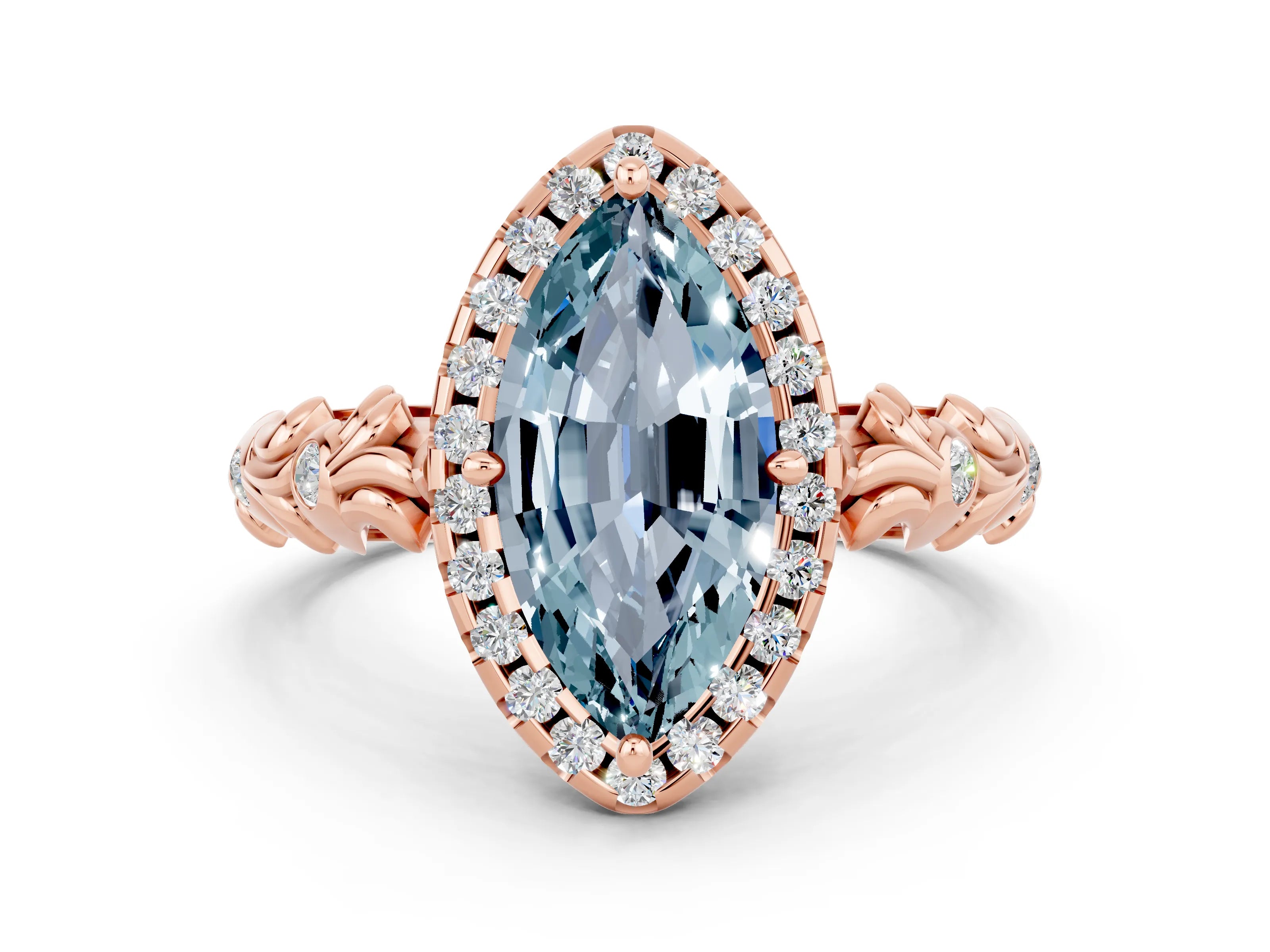 Rose gold Marquise Cut Halo Diamond Solitaire with Filigree Band and Four-Prong Setting