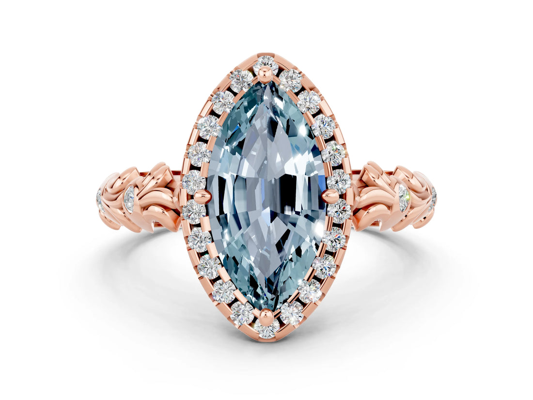 Rose gold Marquise Cut Halo Diamond Solitaire with Filigree Band and Four-Prong Setting