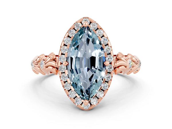 Rose gold Marquise Cut Aquamarine Halo Ring with Filigree Band and Prong Setting