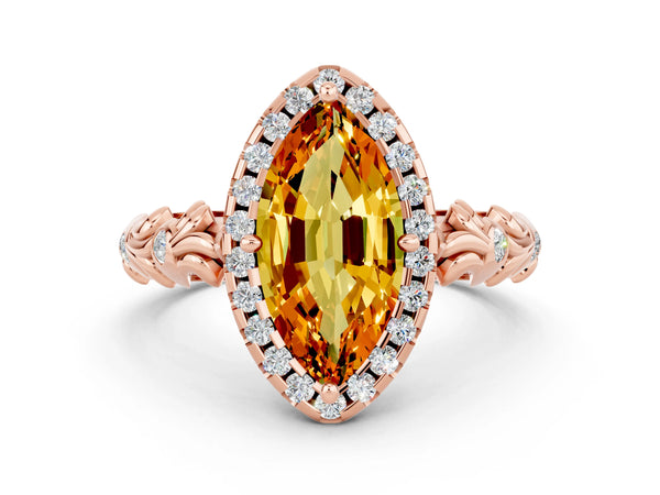 Rose gold Marquise Cut Citrine Halo Ring with Filigree Band and Prong Setting