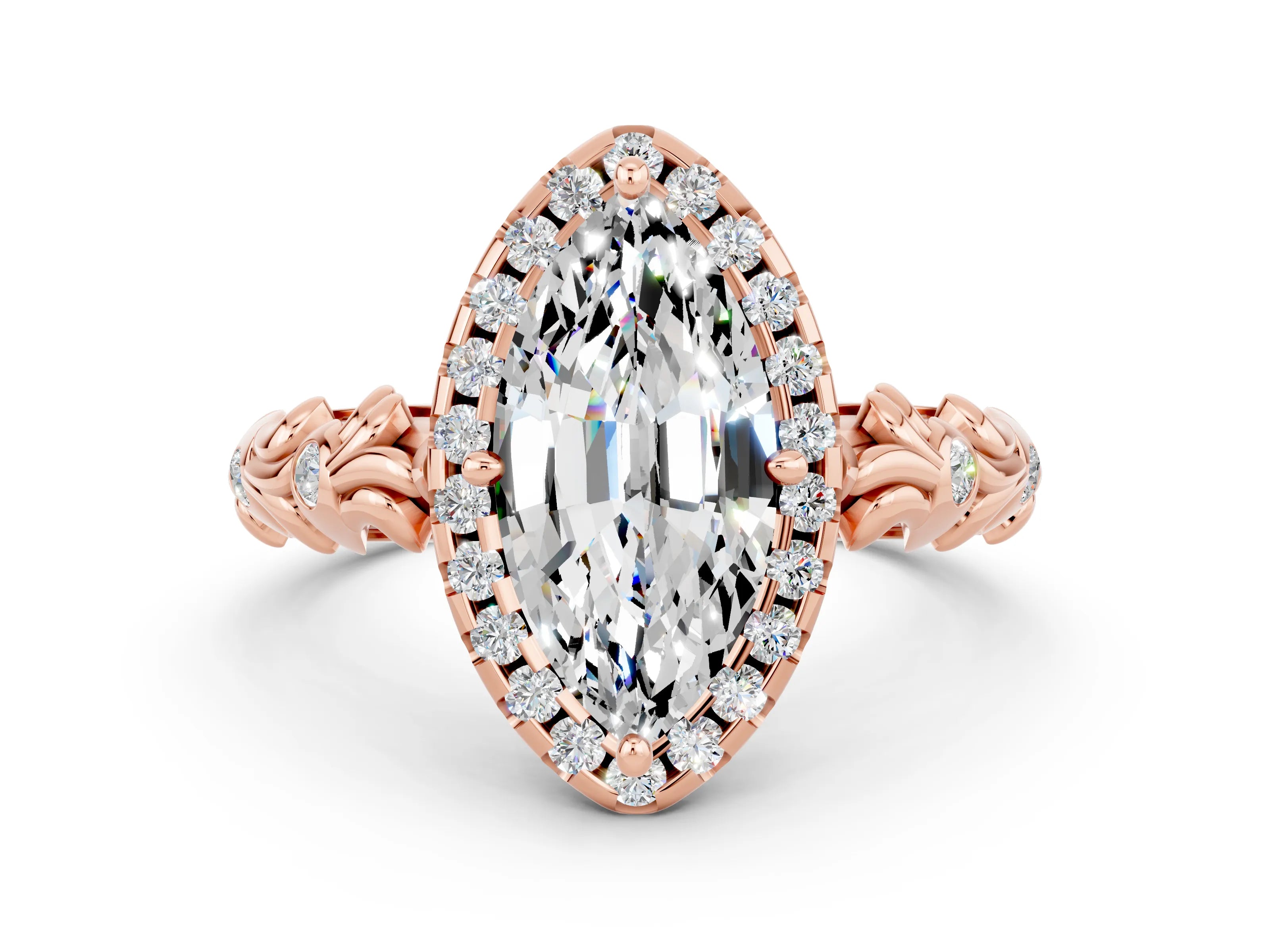 Rose gold Marquise Cut Halo Diamond Solitaire with Filigree Band and Four-Prong Setting