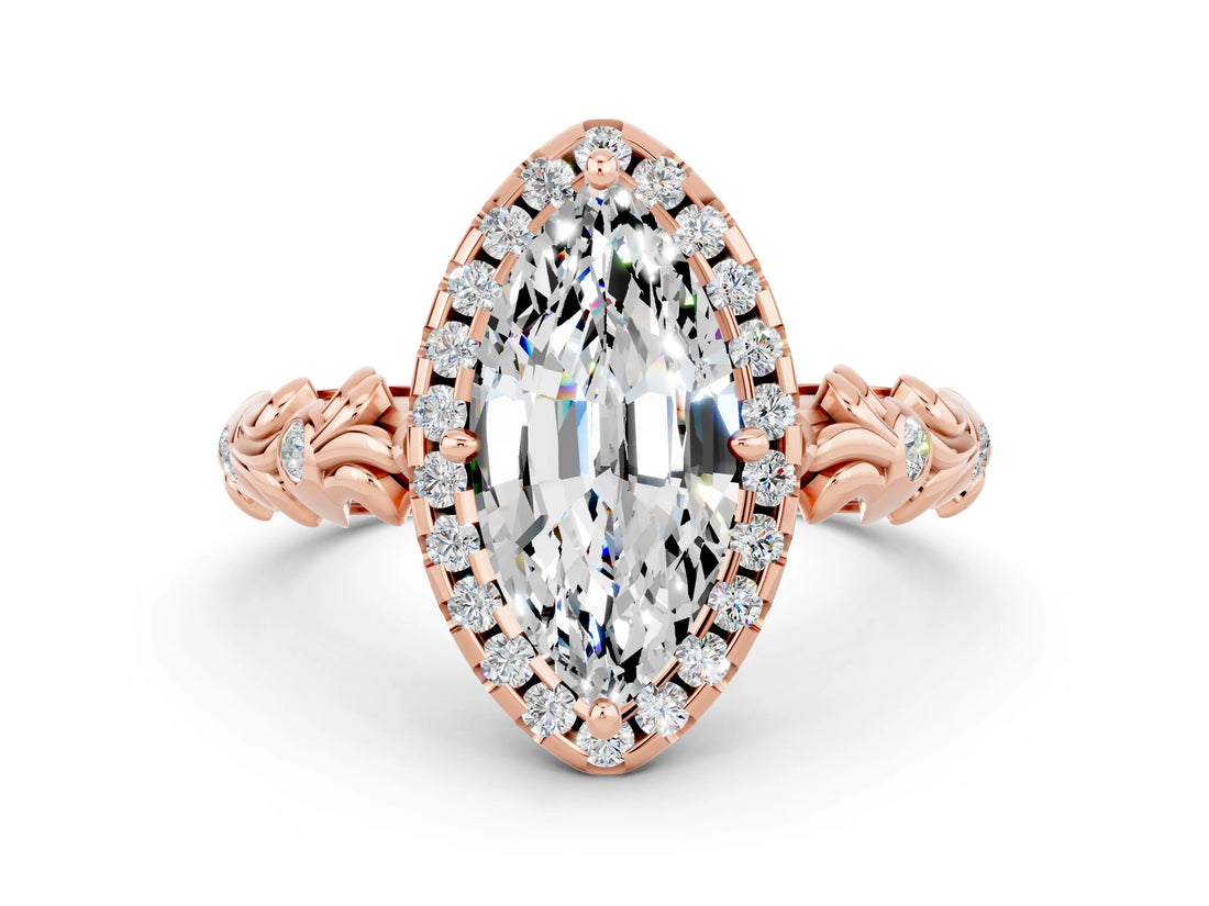 Rose gold Marquise Cut Halo Diamond Solitaire with Filigree Band and Four-Prong Setting