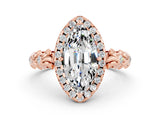 Rose gold Marquise Cut Halo Diamond Solitaire with Filigree Band and Four-Prong Setting