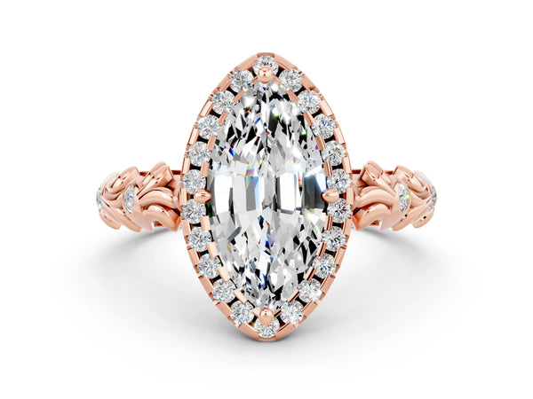 Rose gold Marquise Cut Moissanite Halo Ring with Filigree Band and Prong Setting