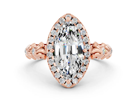 Rose gold Marquise Cut Halo Diamond Solitaire with Filigree Band and Four-Prong Setting