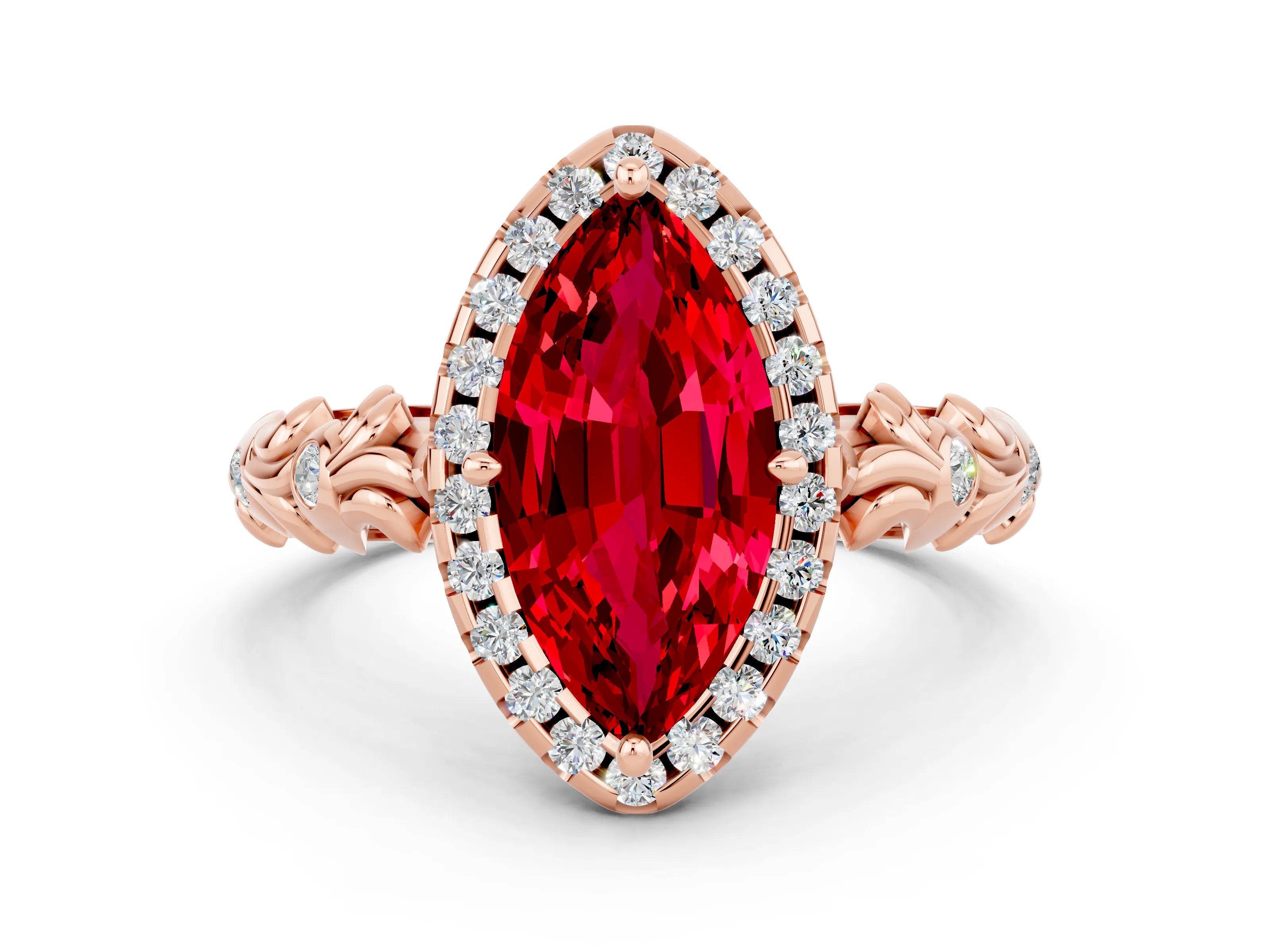 Rose gold Marquise Cut Halo Diamond Solitaire with Filigree Band and Four-Prong Setting