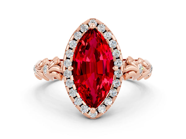 Rose gold Marquise Cut Ruby Halo Ring with Filigree Band and Prong Setting
