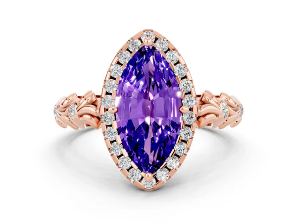 Rose gold Marquise Cut Tanzanite Halo Ring with Filigree Band and Prong Setting
