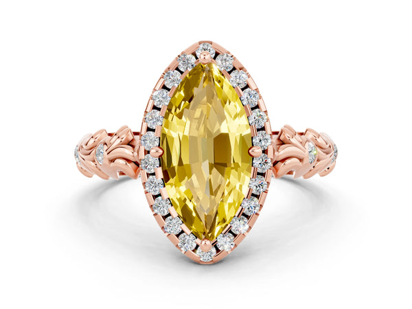 Rose gold Marquise Cut Yellow Sapphire Halo Ring with Filigree Band and Prong Setting