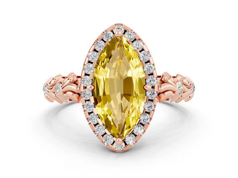 Rose gold Marquise Cut Halo Diamond Solitaire with Filigree Band and Four-Prong Setting