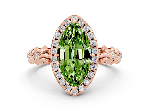 Rose gold Marquise Cut Halo Diamond Solitaire with Filigree Band and Four-Prong Setting