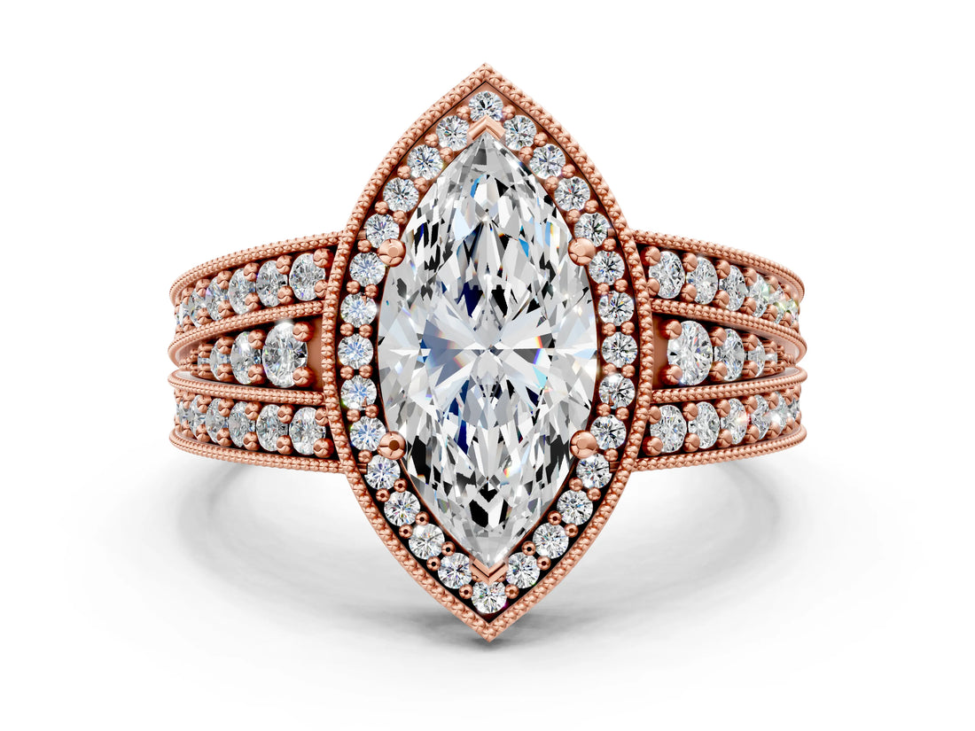 Rose gold Marquise Cut Halo Diamond Split Shank Ring with Prong Setting_3