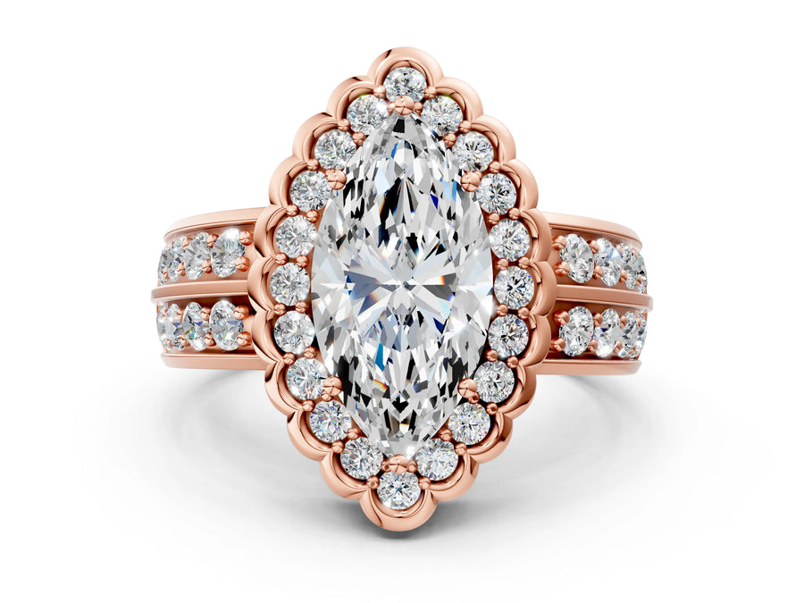 Rose gold Marquise Cut Halo Diamond Split Shank Ring with Scalloped Prong Setting