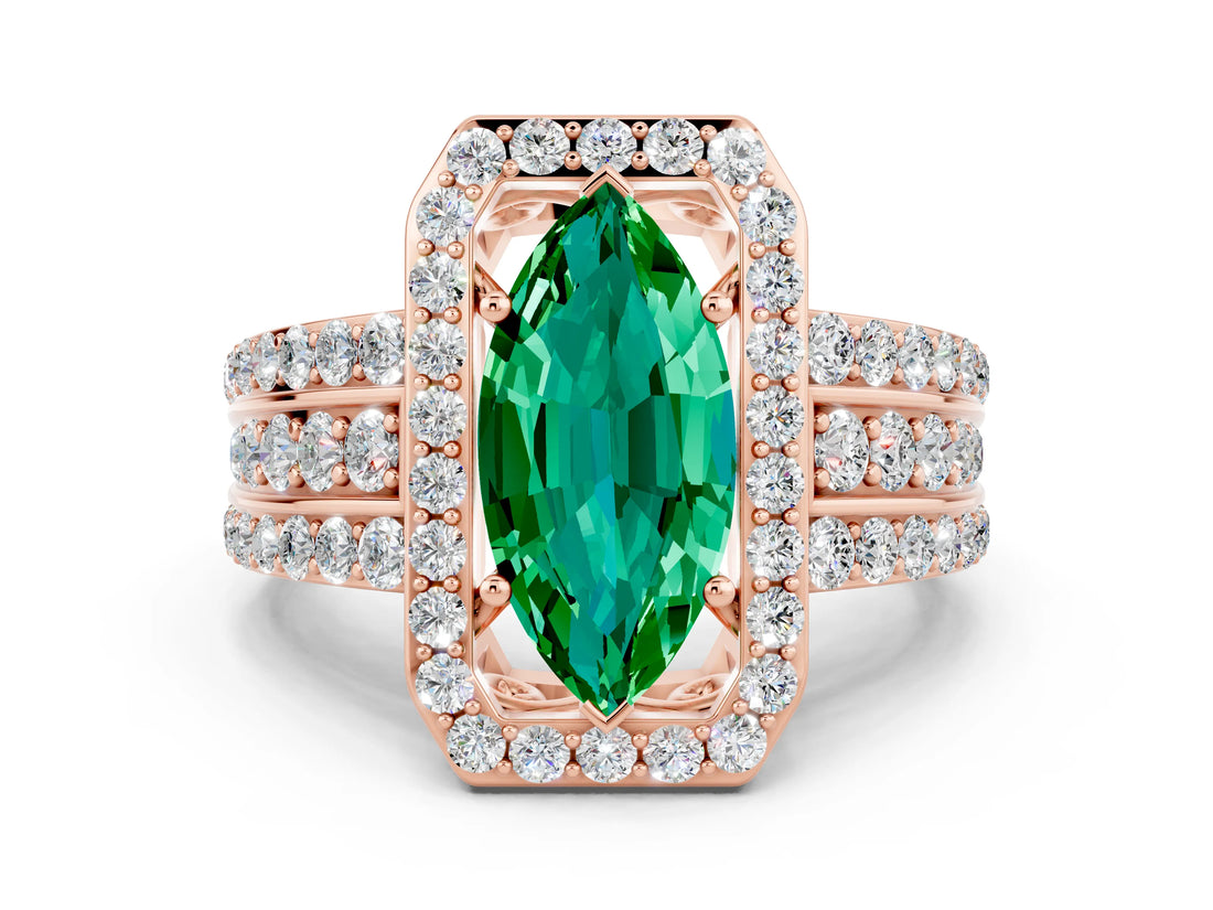 Rose gold Marquise Cut Halo Emerald Ring with Split Shank and Four-Prong Setting