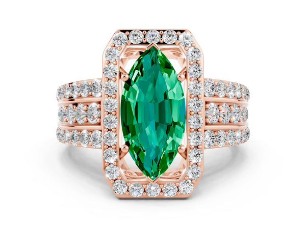 Rose gold Marquise Cut Halo Emerald Ring with Round  Split Shank and Prong Setting