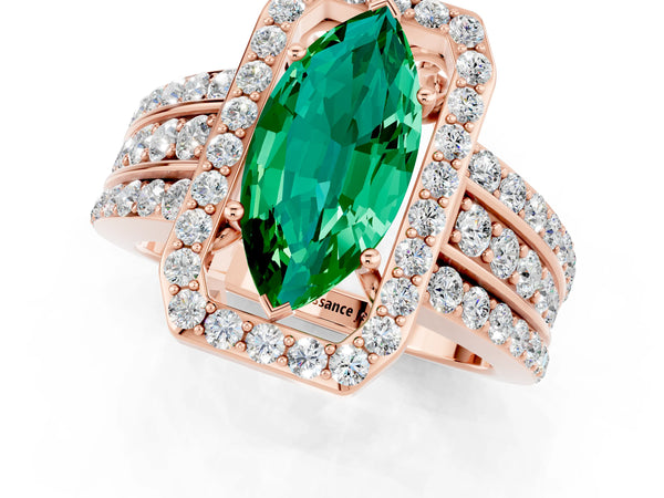 Rose gold Marquise Cut Halo Emerald Ring with Round  Split Shank and Prong Setting