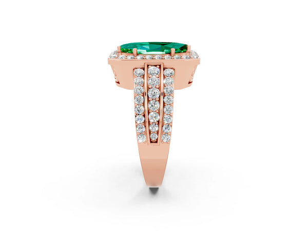 Rose gold Marquise Cut Halo Emerald Ring with Round  Split Shank and Prong Setting