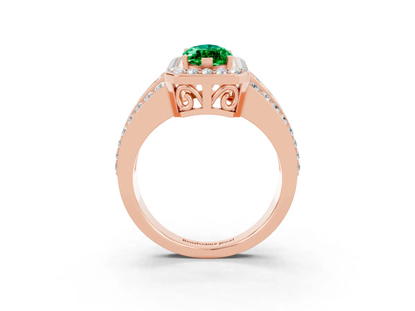 Rose gold Marquise Cut Halo Emerald Ring with Round  Split Shank and Prong Setting